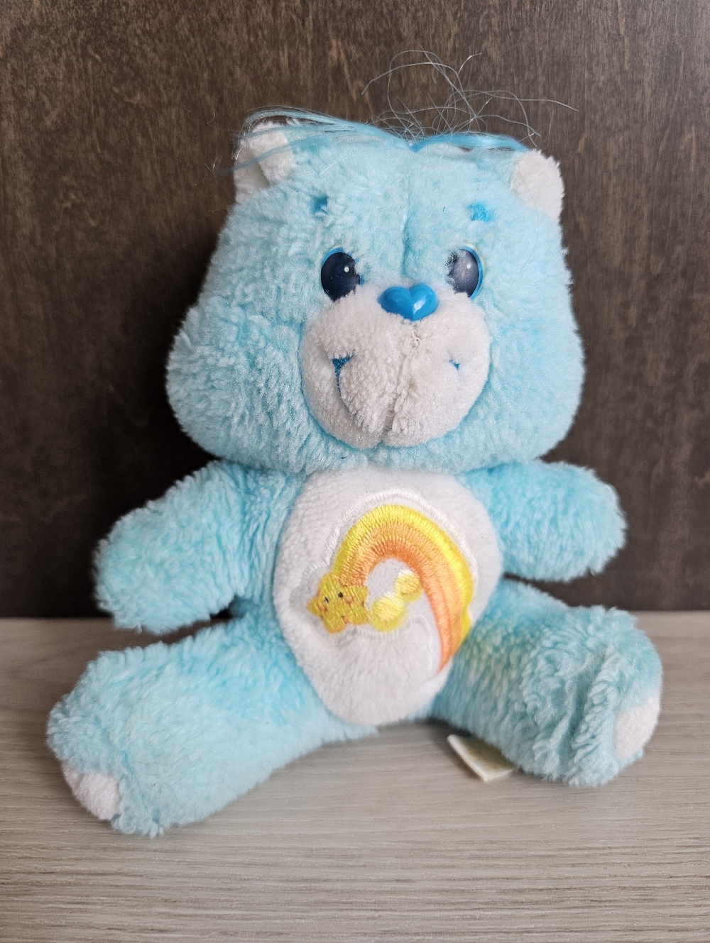 Vintage 80s Kenner Care Bear Blue Wish Bear, Small 6" Plush *Wear / Well Loved